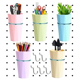 Yearny 5 Sets Pegboard Bins with Rings and 5 Pegboard Hooks, Ring Style Pegboard Accessories with Pegboard Cups Holder Accessories for Organizing Storage