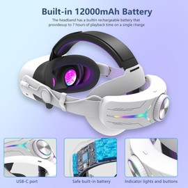Upgraded RGB Lighted Head Strap with Battery 12000mAh for Meta Quest 3/3s Accessories, Quick Charge for Extended Playtime, to Reduce Facial Stress, Adjustable Elite Strap (White)