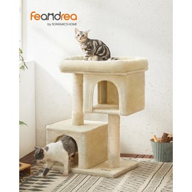 Feandrea Cat Tree, 33.1-Inch Cat Tower, L, Cat Condo for Large Cats up to 16 lb, Large Cat Perch, 2 Cat Caves, Scratching Post, Cream White UPCT061T01