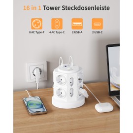 Steckdosenturm mit 4 USB(3680W/16A), 12-Fach Mehrfachsteckdose, Steckdosenleiste mit Überspannungsschutz 1050J, 2 m Verlängerungskabel, Steckerleiste mit Schalter für Zuhause, Büro, Reise, Weiß