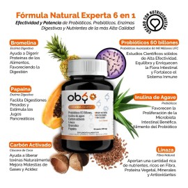 Probioticos 60 billones con Prebioticos, Enzimas Digestivas, Inulina Agave, Fibra, Carbón Activado | Vitaminas Oby 60 capsulas