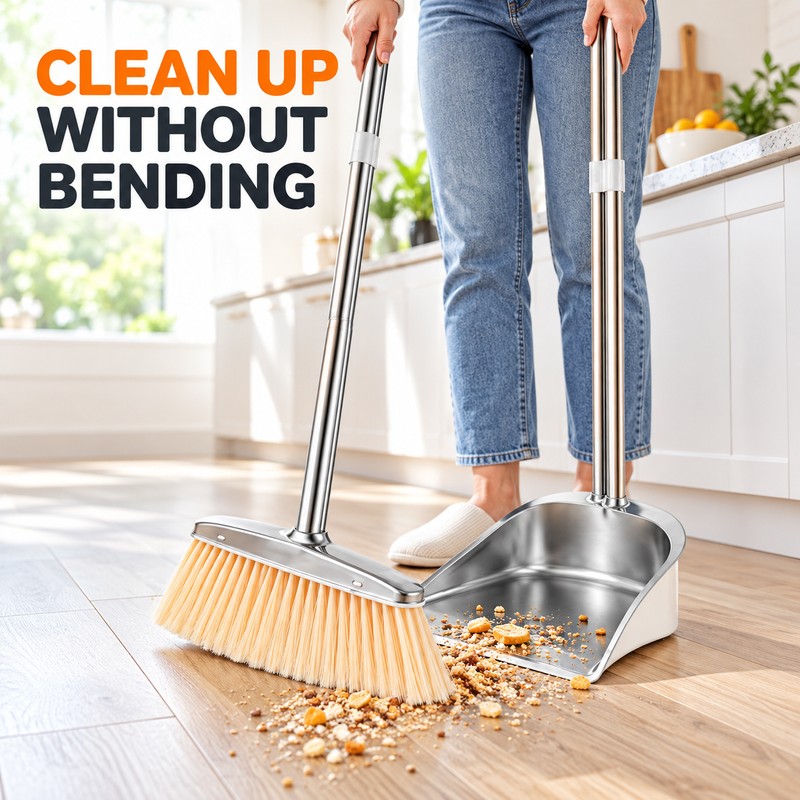 willstar Stainless Steel Broom and Dustpan Set, Long Handle Upright