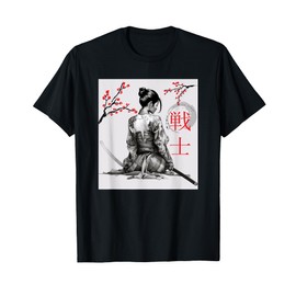 Japanese Samurai Girl Tee Cherry Blossom Woodblock Art Bushi T-Shirt