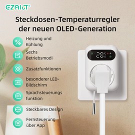 EZAIoT WLAN Socket Thermostat - Heating/Cooling/Timer, Includes 3 m & 5 cm Sensor, Smart Temperature Controller, 230 V, Wireless Control, for Greenhouse, Aquarium