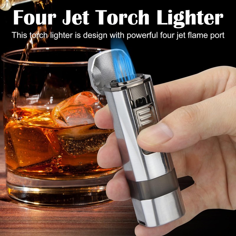 FLABOX Four Jet Flame Torch Lighter with Punch and Holder,