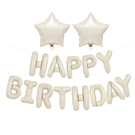 Cream White Happy Birthday Balloons Banner, 16 Inch Mylar Foil Letters with 2Pcs 18inch Star Foil Balloons for Men Adults Birthday Party Decorations