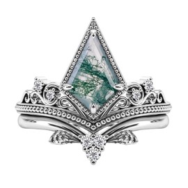 Natural Moss Agate Rings Set for Women White Gold Plated Sterling Silver Kite Cut Moss Agate Engagement Ring Wedding Solitaire Ring for Women Wife Moss Agate Bridal Set Size 5