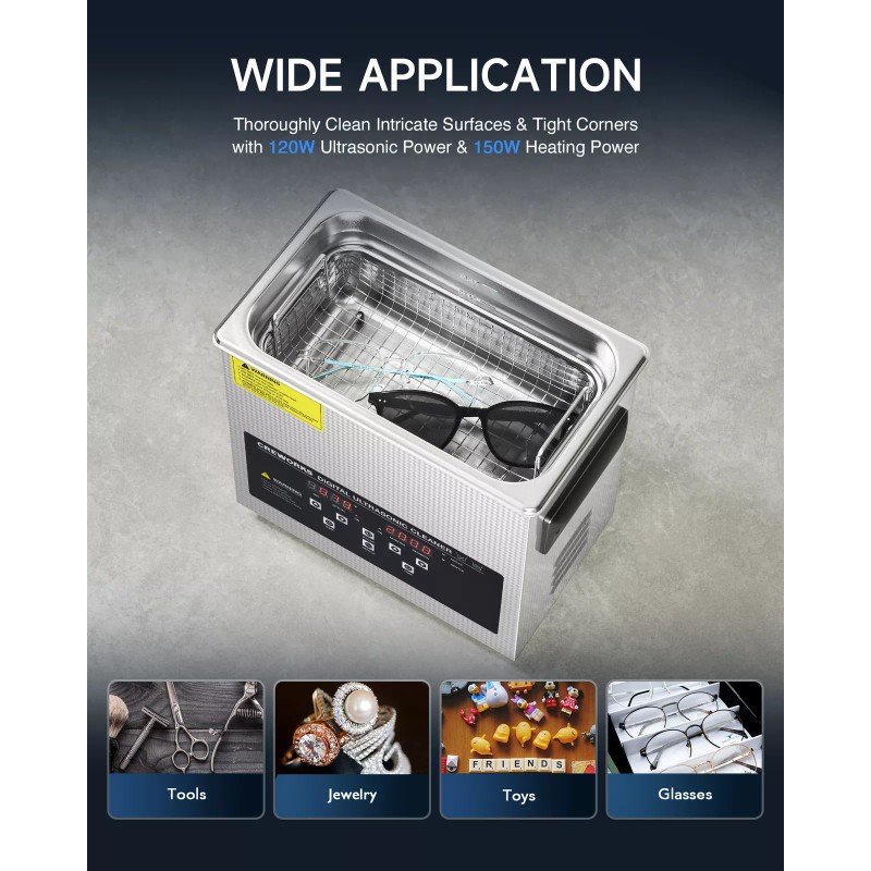 CREWORKS 3L Ultrasonic Cleaner Industry Heated w/Timer Jewelry Ring Glasses