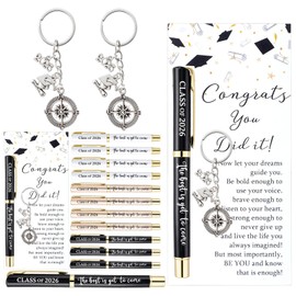 Motiskyy 12 Set Graduation Gifts Bulk Class of 2026, Metal Pens Compass Keychains with Congrats Cards and Bags, Party Favors for Students(Black White Champagne Gold)
