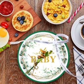 50Pcs Oh Baby Paper Plates Sage Green Baby Shower Party Supplies 7" Sage Greenery Dessert Plates Eucalyptus Plates for Kids Gender Reveal Sage Green Baby Shower Birthday Party Decorations (Gold)