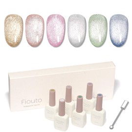 Fiouto Magnetic Nail, Large Capacity 15ml Gel Nail, Color Gel, Magnetic Gel, Cat's Eye Gel, UV/LED Compatible, with Magnet, Set of 6 Colors (Glitter Flash Magnetic Gel)