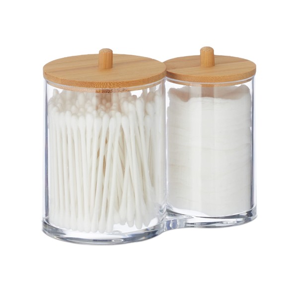 Relaxdays Plastic Container with Bamboo Lid, Organiser Cotton Pads and