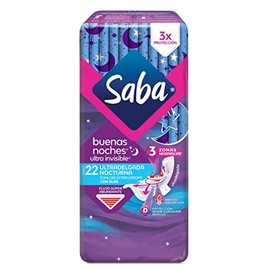 Saba Ultra Invisible Buenas Noches, Toallas Nocturnas Con Alas, Flujo Súper Abundante, 22 Pzs, Grande + Sensiti-v Ultradelgada, Color