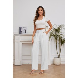 FUNYYZO Women Suit Pants Wide Leg Pants High Elastic Waisted in The Back Business Work Trousers Long Straight White