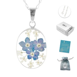 TAMI Collar con Flores de Nomeolvides y Encaje Natural en Plata - Dije de Joyería Fina Mexicana para Mujer - Accesorio con Cadena Fígaro