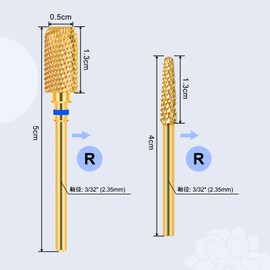 CGBE Nail Bit 2 Pcs Nail Drill Bit 0.09 inch (2.35 mm) Shaft Diameter Gold Nail Machine Bit Carbide Nail Drill for Nail Polishing Cuticle Removal Gel Off Cylinder + Cone (Medium)