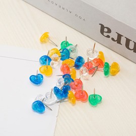 Transparent Colorful Heart Push Pins, Plastic Head Thumb Tacks Map Drawing Pins,Cute Push Pins for Wall Drawing Pinboard, Map Markers or Bulletin Board(100Pcs)