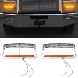 GaeaAuto Pair Headlight Bezel Trim Chrome with 12" Amber LED Light Strip Replacement for Kenworth T400 T600 T800 W900B W900L Peterbilt 378 379 Western Star 4900 Freightliner FLD Classic XL 4x6 Light