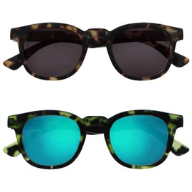 OPULIZE Bay SS97-26 +3.00 Sunglasses Pack of 2 Cool Thick Round Frame Spring Hinges Scratch-Resistant Tinted Lens UV400 Protection Matt Brown Matte Green Men Women