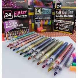 ArtShip Design 24 Glitter Paint Pens, Double Pack of Both Extra Fine and Medium Tip Paint Markers, for Rock Painting, Mug, Ceramic, Glass, and Fabric Painting, Water Based Non-Toxic and No Odor
