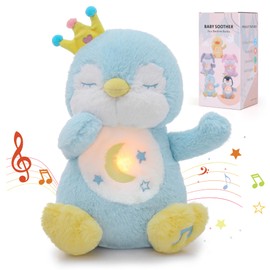 Edencomer Slumber Cuddly Toy - Snooze Penguin with Simulated Breath, Music and Night Light, Cuddly Toy with Breathing Movement, Accompany Children to Sleep (Blue)