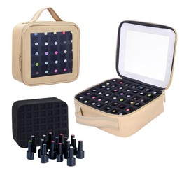 YAHOURWAT Small Nail Polish Organizer Storage Box Hold 42 Bottles (15 ml/0.51 floz) PU Leather Portable Cosmetic Bag with Removable Partition(Brown)