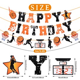 Basketball Happy Birthday Banner - Orange and Black Sports-Themed Party Decoration with Basketball Hoops and Fireball Design, Pre-Assembled, No DIY Required, Festive Indoor Outdoor Birthday Party Supplies