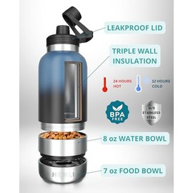 32 oz. Botella de Agua para Perros, Portátil con Cuencos Desmontables, Estuche de Transporte, Aislado al Aspiradora, Negro