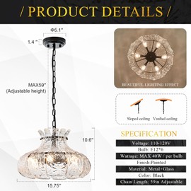 Black Glass Chandelier 6-Light Pendant Luxury Chandelier for Dining Room 15.7" Hanging Lighting for Kitchen Island,Entryway,Hallway,Bedroom,E12 Base