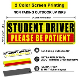 Sukh 4 Pcs Student Driver Magnet for Car - Be Patient Student Driver Magnet Boys and Girls New Student Driver Sticker Safety Warning Reflective Signs Reusable Movable