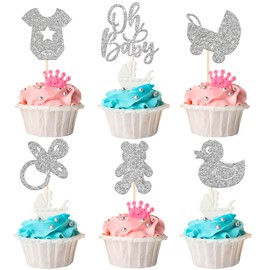 24 piezas de Oh Baby Cupcake Toppers con purpurina para bebé Carriage Bear Baby Shower Cupcake Picks para revelar género Baby Shower niños fiesta de cumpleaños decoración de pasteles suministros de plata