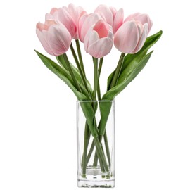Briful Fake Flowers Artificial Tulip Flower Pink in Clear Vase, Real Touch Foam Tulip Arrangement Suitable for Home Office Decoration, Dining Table Centerpiece