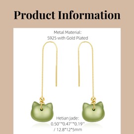 LOOYUUPEE Natural Hetian Jade Earrings, Cat Shape Jade Pendant for Women, Green Lucky Jade Jewelry Gift for Mom Lover Her (925 Sterling Silver with Gold Plated)