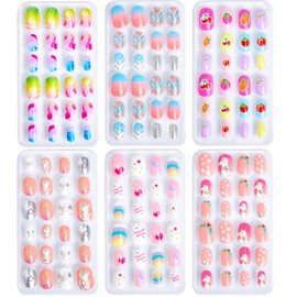 144 Pieces False Nails for Children with Jelly Glue - 6 Different Designs Artificial Nails Children, Cute Coloured Artificial Nails Children, Nail Set, Beautiful Gift for Girls at Home (Set D)