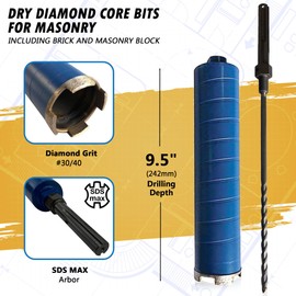 2-3/4" Dry Diamond Core Drill Bits for Brick and Block, 9.5" Drilling Depth, 10mm Segment Height, SDS Max Pilot Bit Adapter