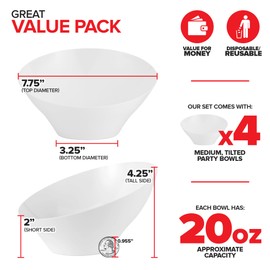 20oz White Plastic Serving Bowls (4 Pack) Medium Disposable Snack Bowl Candy Dishes, Buffet Containers for Chips, Popcorn, Snacks, Mints, Salad Bar, Parties, Office Desk, Bridal Shower, Party Supplies
