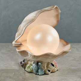 Clamshell Pearl Accent Lamp Night Light Ivory - Handcrafted Resin Clam - Coastal Style Lighting - Nautical Theme - Ocean Nightlight Bulb Included with Beach Shell Decoration - 7 Inches High