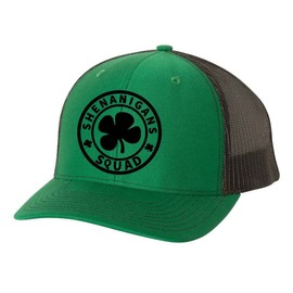 Mens St. Patrick's Day Shenanigans Squad Clover Embroidered Mesh Back Trucker Hat, Irish Green/Black