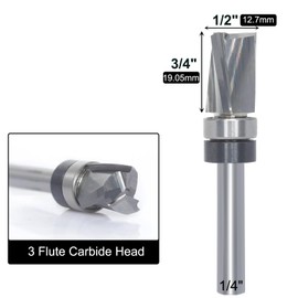 Akylin Spiral Flush Trim Router Bit 1/4 Shank,1/2" Dia. 3/4" Length,3 Flute Down Cut,Shank Mounted Bearing Bit for Flush Trimming,Template Pattern Routing,Grooves,Dados,Bottom Cleaning Surface Cut