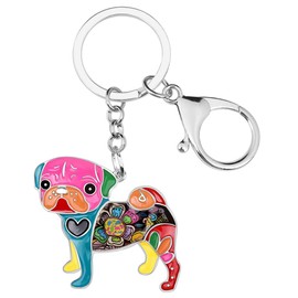 DUOWEI Enamel Rhinestone Pug Dog Keychain Charms Pet Keyring Handbag Novelty Gifts for Women Girls (Rainbow)