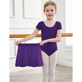 Arshiner Children's Ballet Clothing 3-11 Years Girls Two Piece Ballet Dress Short Sleeve Long Sleeve Ballet Suit Glitter Dance Dress Cotton Ballet Jersey with Chiffon Skirt Tutu, Purple