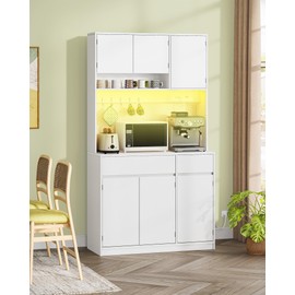 Hzuaneri 71" Pantry Cabinet with Power Outlet and LED Lights, Freestanding Tall Kitchen Hutch with Countertop and 2 Storage Drawers, Adjustable Shelves, Living Room, White PT00203X