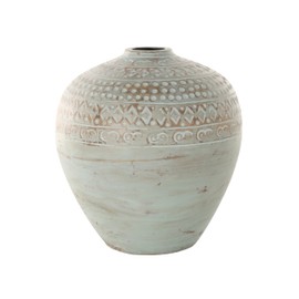 Deco 79 Ceramic Decorative Vase Antique Style Wide Rounded Centerpiece Vase with Geometric Tribal Carvings, Flower Vase for Home Decoration 11" x 11" x 12", Green