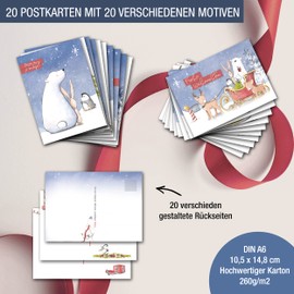 TOBJA Christmas Postcards Pack of 20 - Christmas Postcards Funny Animals in the Snow Christmas Cards Gift Cards DIN A6 Cards Made of High-Quality Premium Paper by