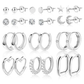 ASH'S CHOICE Small Set of 12 Pairs of Earrings, Multipack, Silver 925 Hoop Earrings, Gold Stud Earrings, Glitz Hoop Earrings, Square, Oval, Heart, Small Stud Earrings, with 5A Zirconia Rhinestone,