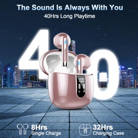 Wireless Earbuds, 2024 Bluetooth Headphones 5.3 Ear buds Built-in ENC Noise Cancelling Mics, 40H Stereo Bass Bluetooth Earbuds with Dual LED Display, IP7 Waterproof Earphones for Android iOS, Rosegold