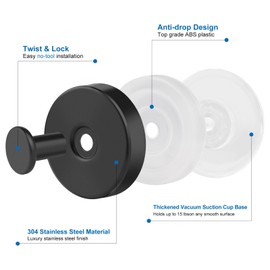 Suction Cup Hooks for Towels Robes, Heavy Duty Wreaths Hanger for Glass Door Bathroom Shower Hooks Stainless Steel, No Drill on Smooth Wall,Glass,Mirror, Tile for Swimsuit Washcloths (4, Black)