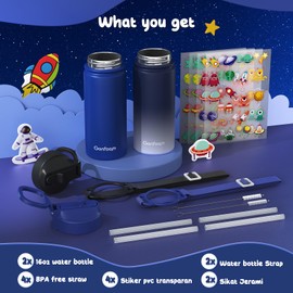 Kids Water Bottle, 2-Pack 16oz Kids Water Bottle with Stickers for School, insulated Stainless Steel Straw Cup(Sapphire+Gray)