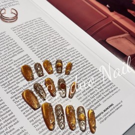JIEADJIE Press On Nails (100% Handmade),Extra Long,Handmade Painted Nail Art by Nail Technician,Luxury Version (Long oval amber, Small)