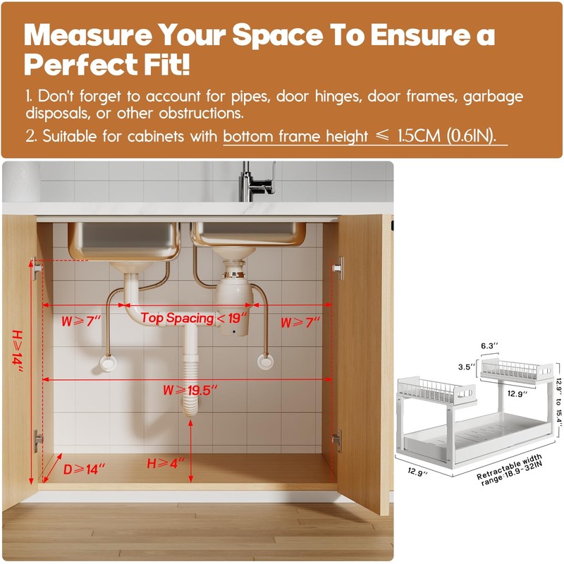 1 Pack-19"-32"W Expandable Under Sink Organizer With Upgrade Ball-Bearing Slide,2-Tier